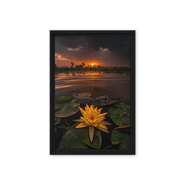 Serene Florida Swamp Sunset with Alligator and Floating Flower - Image 2