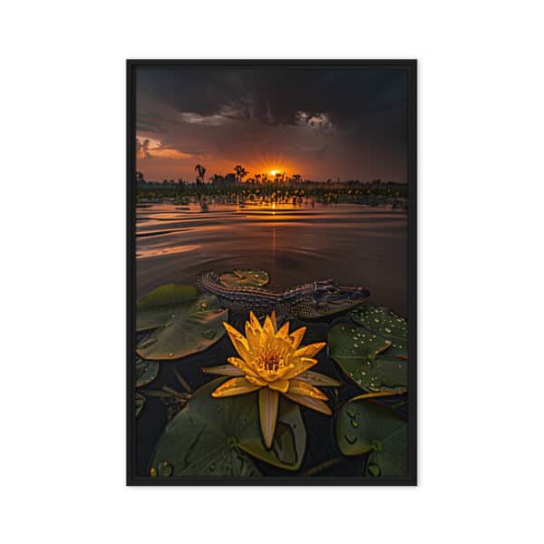 Serene Florida Swamp Sunset with Alligator and Floating Flower