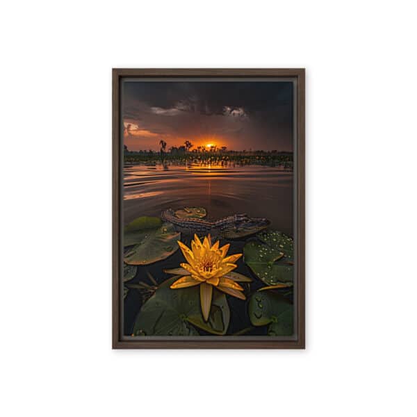 Serene Florida Swamp Sunset with Alligator and Floating Flower - Image 3