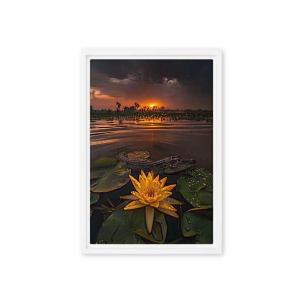 Serene Florida Swamp Sunset with Alligator and Floating Flower - Image 5